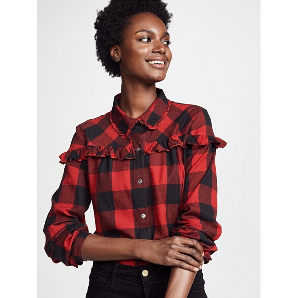 Frame Denim Red and Black Buffalo Check Ruffle Button-Down Shirt